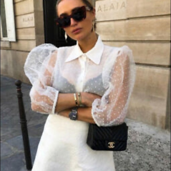 Zara button up sheer puff sleeve blouse - Picture 2 of 2